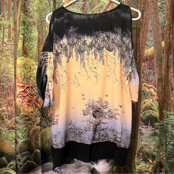 Citron Santa Monica Silk Blouse flower Asian inspired print fabric tunic - Picture 7 of 10